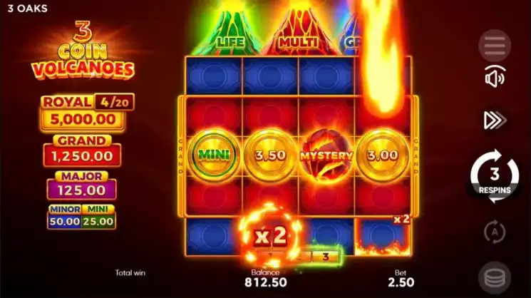 3 Coin Volcanoes gameplay screenshot – Hold & Win bonus round with sticky coins on volcanic reels